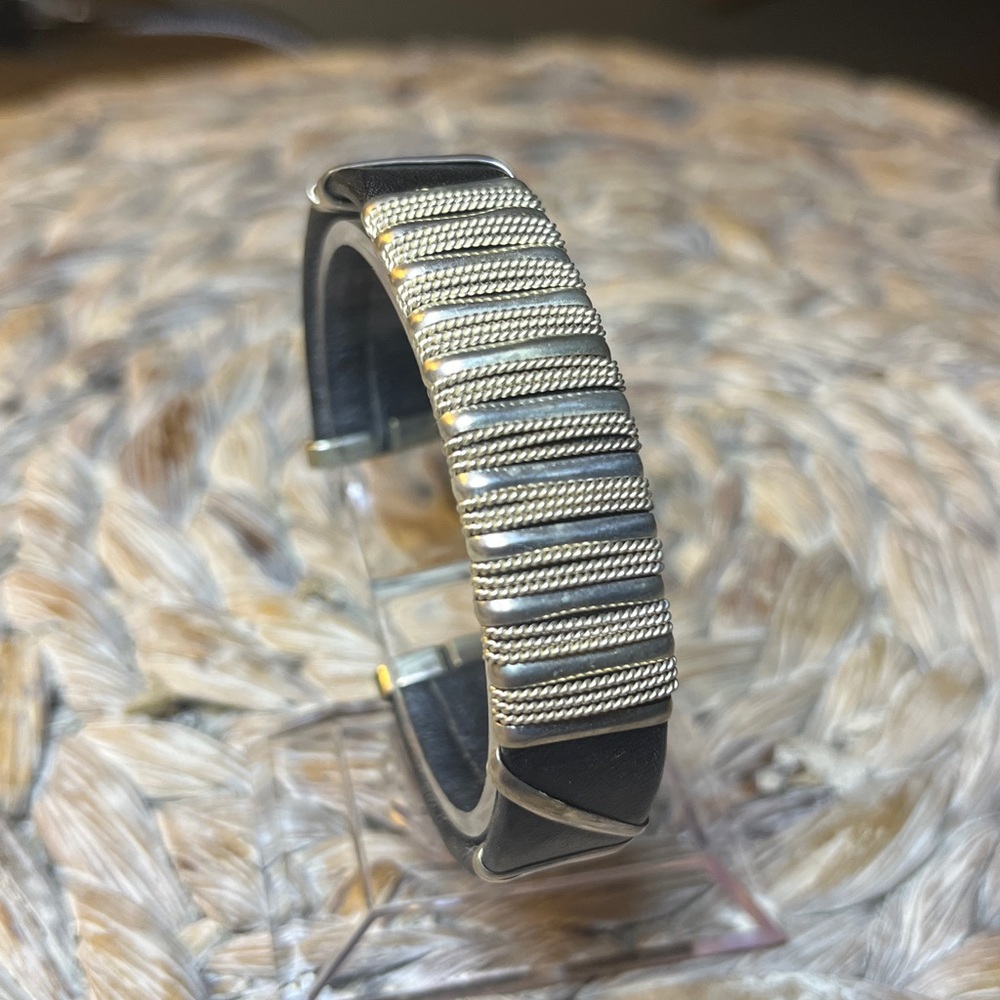 Silver‎ Tone and Black Leather Bracelet